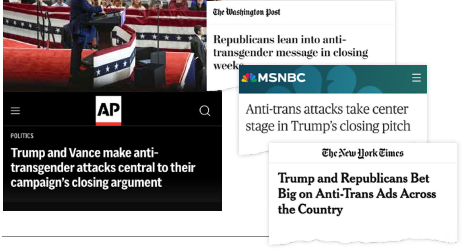 Headlines from the AP, The Washington Post, MSNBC and The New York Times on the Trump campaign’s transgender ads